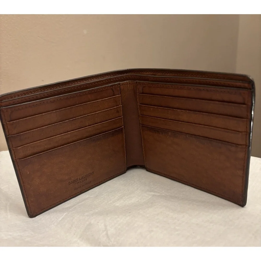 Auth YSL Paris Toasted  Brown Monogram Leather bifold wallet (No Clip)